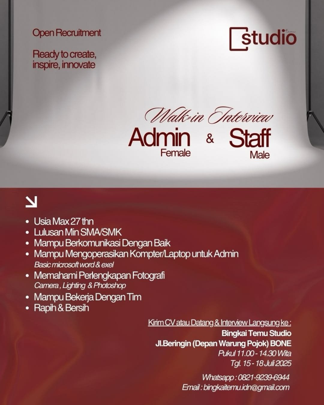 Info Loker Bone: Segera Daftar Lowongan Kerja Admin dan Staf di Bingkai Temu Studio
