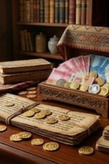 Detail seserahan berisi uang kertas dan koin emas sebagai simbol tradisi Uang Panai' Bugis yang sarat akan makna kesungguhan dan harga diri di Kabupaten Bone.