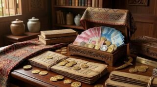 Detail seserahan berisi uang kertas dan koin emas sebagai simbol tradisi Uang Panai' Bugis yang sarat akan makna kesungguhan dan harga diri di Kabupaten Bone.