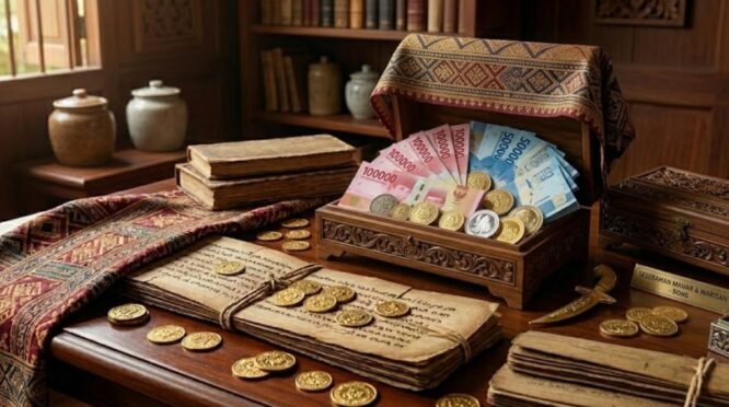 Detail seserahan berisi uang kertas dan koin emas sebagai simbol tradisi Uang Panai' Bugis yang sarat akan makna kesungguhan dan harga diri di Kabupaten Bone.