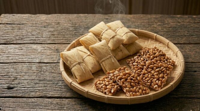 Jajanan tradisional Baje' dan Tenteng kacang khas Bugis yang disajikan secara otentik sebagai oleh-oleh favorit dari Sulawesi Selatan.