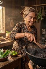 Dua perempuan membuat Bedda Lotong tradisional Bugis dengan menyangrai beras ketan hitam.