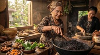 Dua perempuan membuat Bedda Lotong tradisional Bugis dengan menyangrai beras ketan hitam.