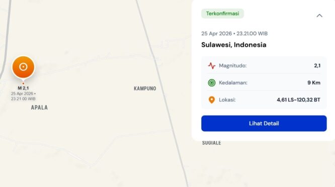 Laporan Update Gempa Magnitudo 2.1 Guncang Kelurahan Apala Bone Malam Ini dengan kedalaman 9 KM.