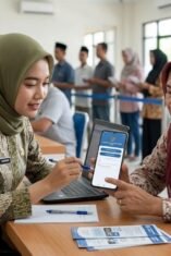 Grafis Ilustrasi Petugas Bantu Warga Verifikasi KTP Digital untuk Panduan Cara Aktivasi Identitas Kependudukan Digital (IKD) di Disdukcapil Bone.