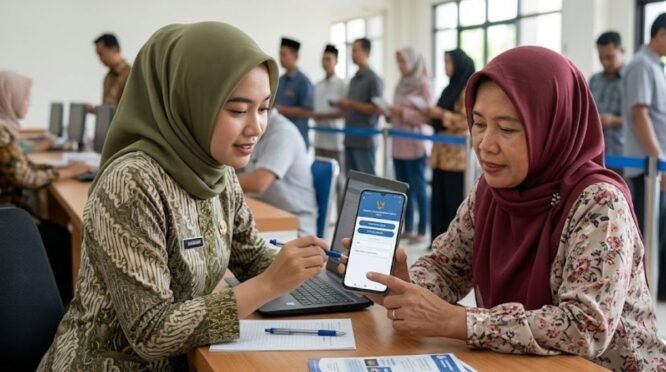 Grafis Ilustrasi Petugas Bantu Warga Verifikasi KTP Digital untuk Panduan Cara Aktivasi Identitas Kependudukan Digital (IKD) di Disdukcapil Bone.