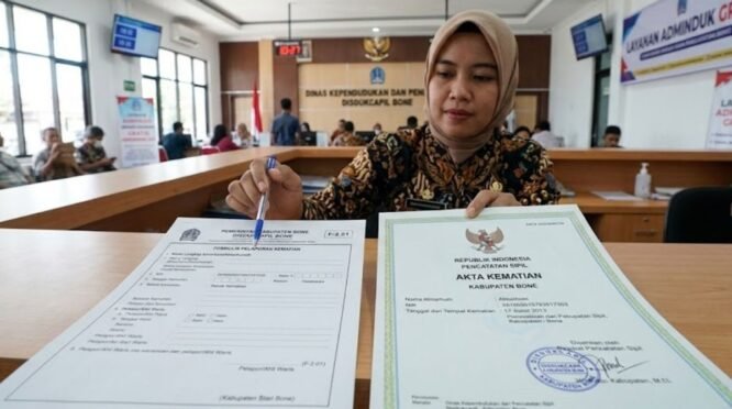 Grafis Contoh Formulir dan Akta Kematian Disdukcapil Bone untuk Panduan Cara Urus Akta Kematian di Bone Secara Sah.