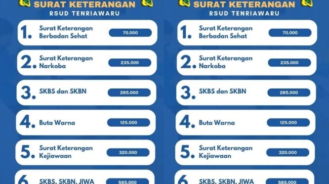 Informasi tarif, kegunaan, dan prosedur pemeriksaan surat keterangan di RSUD Tenriawaru Bone.