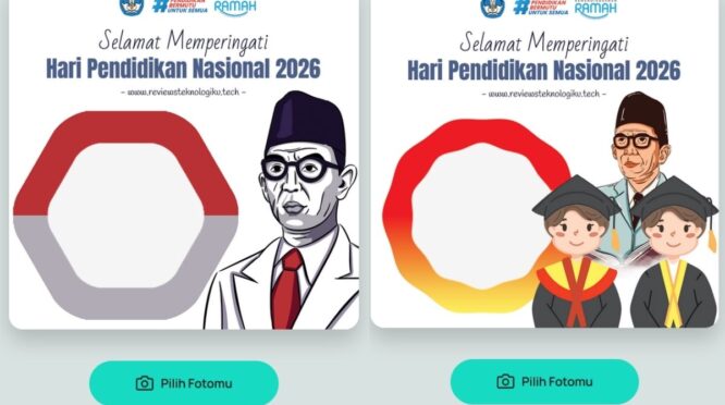 Ilustrasi desain bingkai foto atau twibbon peringatan Hari Pendidikan Nasional 2026.