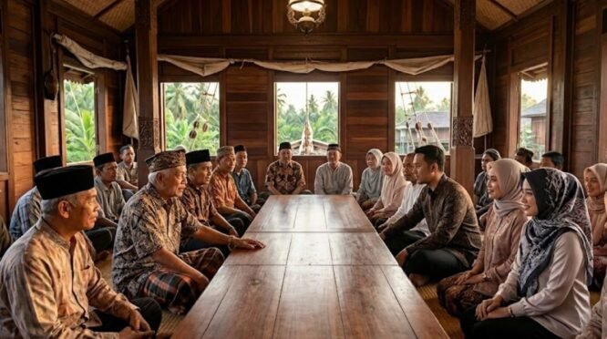 Prosesi Tradisi Mammanu-manu adat pernikahan Bugis di dalam rumah panggung.