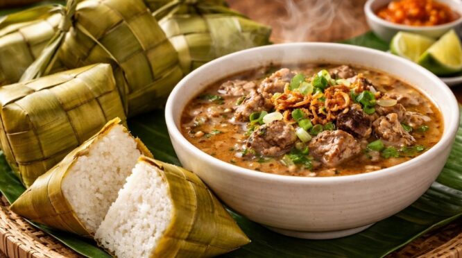 Sajian otentik Coto Makassar dengan pendamping wajib ketupat daun pandan yang wangi dan kenyal di atas meja kayu tradisional.