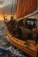 Pelaut Bugis berlayar dengan kapal Phinisi di lautan luas saat matahari terbit, mengenakan pakaian tradisional, dengan cahaya keemasan dan ombak realistis.