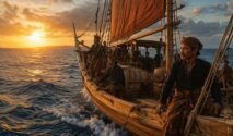 Pelaut Bugis berlayar dengan kapal Phinisi di lautan luas saat matahari terbit, mengenakan pakaian tradisional, dengan cahaya keemasan dan ombak realistis.
