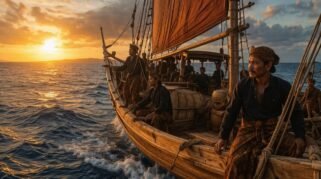 Pelaut Bugis berlayar dengan kapal Phinisi di lautan luas saat matahari terbit, mengenakan pakaian tradisional, dengan cahaya keemasan dan ombak realistis.