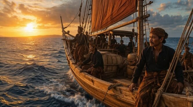 Pelaut Bugis berlayar dengan kapal Phinisi di lautan luas saat matahari terbit, mengenakan pakaian tradisional, dengan cahaya keemasan dan ombak realistis.