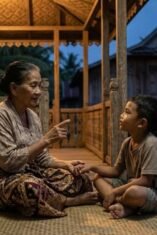 Foto orang tua nenek sedang menasihati anak cucu di teras rumah panggung Bugis Bone.