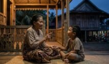 Foto orang tua nenek sedang menasihati anak cucu di teras rumah panggung Bugis Bone.
