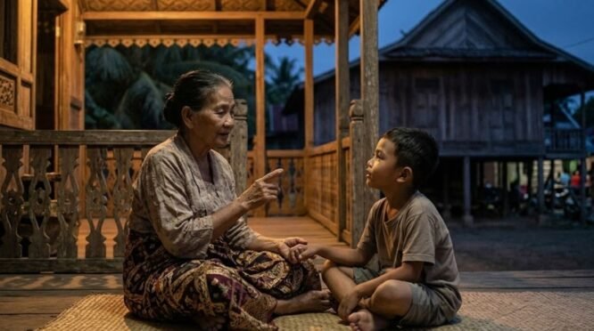 Foto orang tua nenek sedang menasihati anak cucu di teras rumah panggung Bugis Bone.