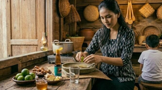Obat batuk alami perasan jeruk nipis dan kecap manis untuk mengencerkan dahak.