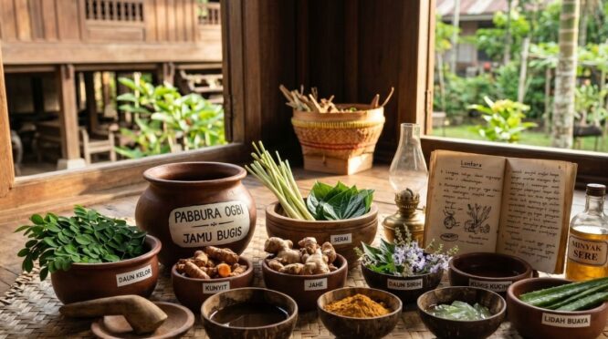 Koleksi tanaman obat tradisional Bugis Pabbura di atas rumah panggung untuk kesehatan alami.