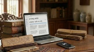 Naskah Lontara Bugis asli dan laptop sebagai simbol penerapan pesan bijak leluhur Bugis dalam kehidupan modern di Kabupaten Bone.