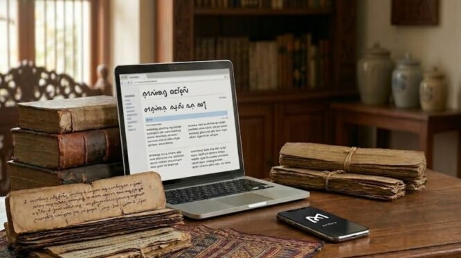 Naskah Lontara Bugis asli dan laptop sebagai simbol penerapan pesan bijak leluhur Bugis dalam kehidupan modern di Kabupaten Bone.