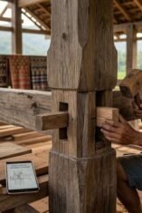 Detail konstruksi rumah panggung kayu Bugis yang kokoh dan tahan gempa sebagai warisan arsitektur Suku Bugis.