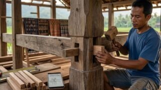 Detail konstruksi rumah panggung kayu Bugis yang kokoh dan tahan gempa sebagai warisan arsitektur Suku Bugis.