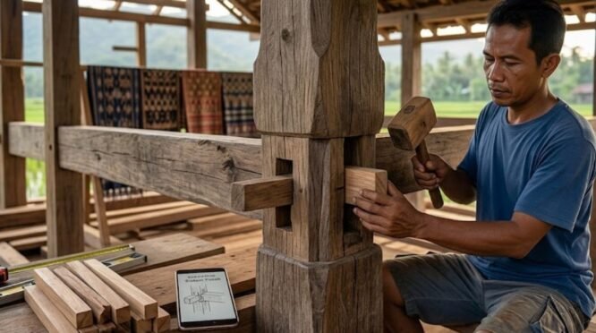 Detail konstruksi rumah panggung kayu Bugis yang kokoh dan tahan gempa sebagai warisan arsitektur Suku Bugis.