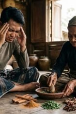 Seorang pria menahan sakit kepala sementara seorang nenek meracik ramuan tradisional Bugis menggunakan kayu manis.