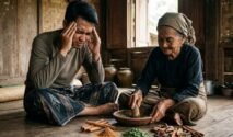 Seorang pria menahan sakit kepala sementara seorang nenek meracik ramuan tradisional Bugis menggunakan kayu manis.