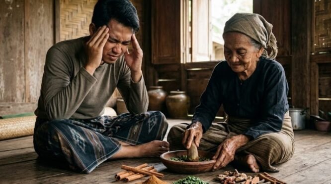 Seorang pria menahan sakit kepala sementara seorang nenek meracik ramuan tradisional Bugis menggunakan kayu manis.