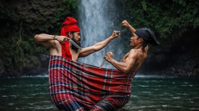 Ilustrasi dramatis tradisi Sigajang Laleng Lipa, dua pria Bugis bertarung dengan badik di dalam satu sarung demi harga diri.