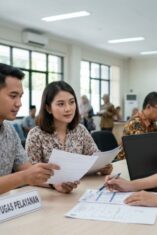 Grafis Ilustrasi Pasangan Terima Dokumen Baru Tanpa Jilbab untuk Panduan Syarat Penerbitan Akta Perkawinan Non-Muslim di Disdukcapil Bone Secara Resmi dan Gratis.