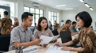 Grafis Ilustrasi Pasangan Terima Dokumen Baru Tanpa Jilbab untuk Panduan Syarat Penerbitan Akta Perkawinan Non-Muslim di Disdukcapil Bone Secara Resmi dan Gratis.