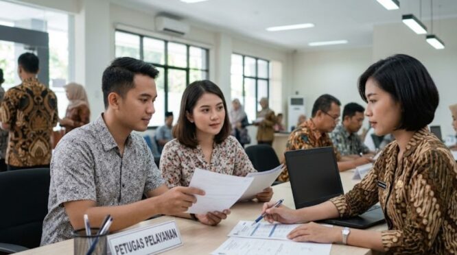 Grafis Ilustrasi Pasangan Terima Dokumen Baru Tanpa Jilbab untuk Panduan Syarat Penerbitan Akta Perkawinan Non-Muslim di Disdukcapil Bone Secara Resmi dan Gratis.