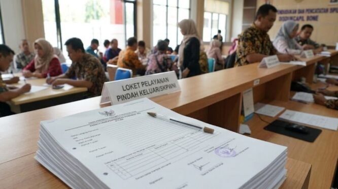 Grafis Tumpukan Formulir F-1.03 Disdukcapil Bone untuk Panduan Syarat Pindah Penduduk di Bone Secara Resmi dan Gratis.