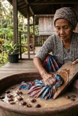 Orang mencuci Lipa Sabbe warna-warni motif kotak-kotak khas Bugis dengan lerak.