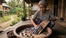 Orang mencuci Lipa Sabbe warna-warni motif kotak-kotak khas Bugis dengan lerak.