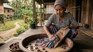 Orang mencuci Lipa Sabbe warna-warni motif kotak-kotak khas Bugis dengan lerak.