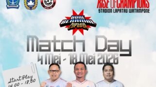 Poster promosi turnamen sepak bola Bone Beramal Cup 2026 menampilkan foto tiga tokoh penyelenggara, ilustrasi pemain sepak bola, dan deretan logo sponsor kegiatan.