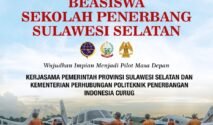 Poster digital berlatar pemandangan apron bandara dengan sejumlah pesawat latih ringan dan para siswa berseragam coverall oranye. Di bagian atas terdapat lambang Garuda Pancasila dan teks hitam "GUBERNUR SULAWESI SELATAN". Di bawahnya terdapat judul besar berwarna merah "BEASISWA SEKOLAH PENERBANG SULAWESI SELATAN". Terdapat tiga logo instansi berjajar di tengah: Kemenhub, Pemprov Sulsel, dan PPIC. Teks pendukung berbunyi "Wujudkan Impian Menjadi Pilot Masa Depan" serta informasi kerja sama dengan Politeknik Penerbangan Indonesia Curug. Di bagian bawah kiri terdapat QR Code, di samping informasi pendaftaran "20 Mei - 9 Juni 2026" dan tautan situs web https://beasiswa.sulselprov.go.id. Bagian paling bawah memuat alamat web dan akun media sosial Biro Kesra Sulsel.