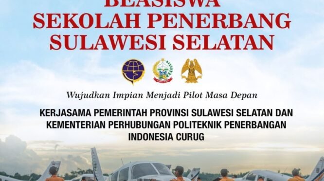 Poster digital berlatar pemandangan apron bandara dengan sejumlah pesawat latih ringan dan para siswa berseragam coverall oranye. Di bagian atas terdapat lambang Garuda Pancasila dan teks hitam "GUBERNUR SULAWESI SELATAN". Di bawahnya terdapat judul besar berwarna merah "BEASISWA SEKOLAH PENERBANG SULAWESI SELATAN". Terdapat tiga logo instansi berjajar di tengah: Kemenhub, Pemprov Sulsel, dan PPIC. Teks pendukung berbunyi "Wujudkan Impian Menjadi Pilot Masa Depan" serta informasi kerja sama dengan Politeknik Penerbangan Indonesia Curug. Di bagian bawah kiri terdapat QR Code, di samping informasi pendaftaran "20 Mei - 9 Juni 2026" dan tautan situs web https://beasiswa.sulselprov.go.id. Bagian paling bawah memuat alamat web dan akun media sosial Biro Kesra Sulsel.