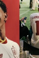 Kolase dua foto Lamine Yamal; sisi kiri menampilkan wajah tersenyum mengenakan jersi putih timnas Spanyol dengan latar belakang merah, sementara sisi kanan memperlihatkan tampak belakang jersi putihnya bernomor punggung 19 saat duduk di kursi tepi lapangan.