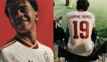 Kolase dua foto Lamine Yamal; sisi kiri menampilkan wajah tersenyum mengenakan jersi putih timnas Spanyol dengan latar belakang merah, sementara sisi kanan memperlihatkan tampak belakang jersi putihnya bernomor punggung 19 saat duduk di kursi tepi lapangan.