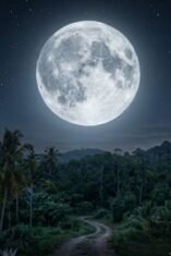Ilustrasi bulan purnama bersinar terang di langit malam yang gelap.