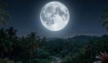 Ilustrasi bulan purnama bersinar terang di langit malam yang gelap.