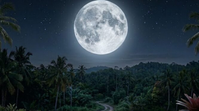 Ilustrasi bulan purnama bersinar terang di langit malam yang gelap.