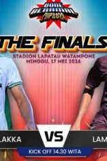 Gambar infografis poster turnamen sepak bola Bone Beramal Cup 2026 untuk final. Di sisi kiri atas terdapat teks jadwal pertandingan Palakka VS Lamuru pukul 14.30 WITA. Desain menggunakan latar belakang gradasi warna biru dan merah yang kontras dengan teks putih.