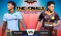 Gambar infografis poster turnamen sepak bola Bone Beramal Cup 2026 untuk final. Di sisi kiri atas terdapat teks jadwal pertandingan Palakka VS Lamuru pukul 14.30 WITA. Desain menggunakan latar belakang gradasi warna biru dan merah yang kontras dengan teks putih.